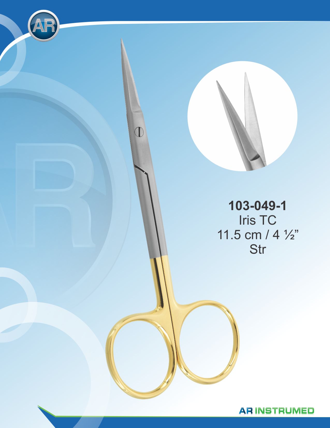 1030491_1.jpg AR INSTRUMED TC Iris Schere gerade 11,5 cm aus rostfreiem Edelstahl mit goldfarbenem Griff für präzises Schneiden von Weichgewebe Deutschland