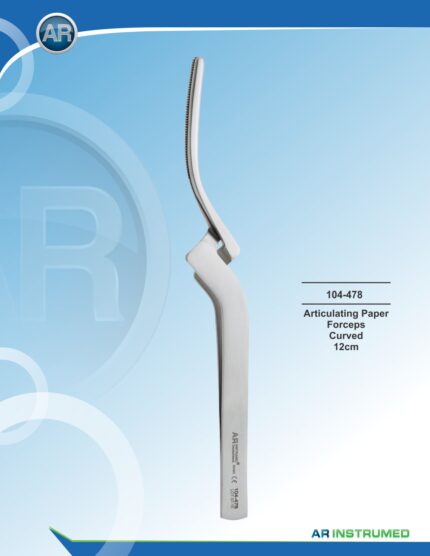 AR INSTRUMED Dental Articulating Paper Holder Plier besteht aus hochwertigem medizinischem Edelstahl mit polierter Oberfläche und bietet Langlebigkeit sowie Korrosionsbeständigkeit. Die gebogenen, geriffelten Backen halten Artikulationspapier sicher für eine präzise Positionierung. Der ergonomische, pinzettenartige und rutschfeste Griff sorgt für Komfort, sicheren Halt und reduzierte Handermüdung. Rostfrei, sterilisierbar und zertifiziert nach ISO, FDA, CE und MDR.