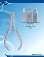 Pince orthodontique de torsion AR INSTRUMED (modèle mâle), fabriquée en acier inoxydable de qualité médicale, résistante à la corrosion et durable. Convient aux travaux de torsion et de cintrage de précision sur les fils orthodontiques dans le cadre d'une utilisation orthodontique professionnelle. Conception ergonomique pour une prise en main sûre, un contrôle précis et une fatigue réduite de la main. Autoclavables et stérilisables, idéales pour une utilisation clinique et orthodontique.