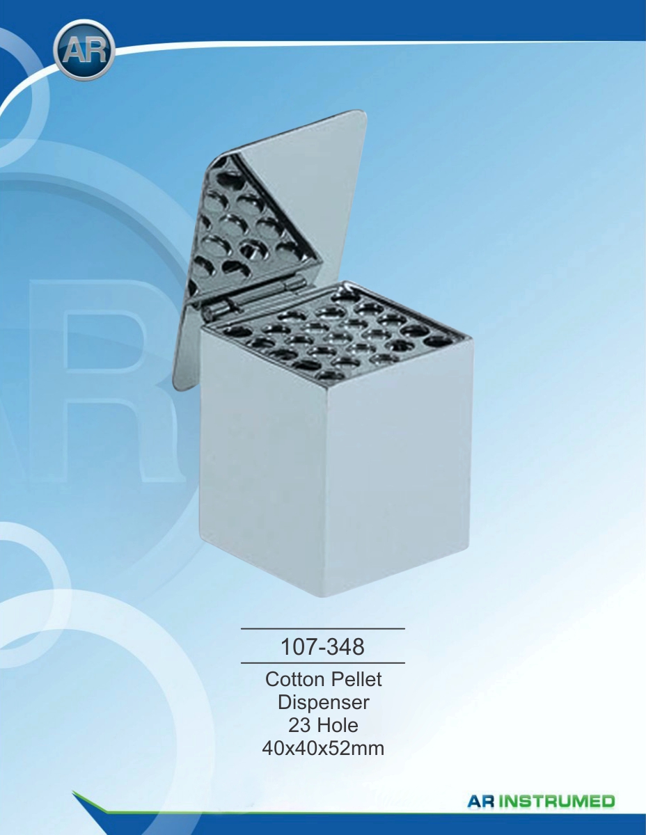 107-348-02.jpg tton Pellet Dispenser mit 23 Löchern, Maße 40×40×52 mm, gefertigt aus hochwertigem medizinischem Edelstahl oder sterilisierbarem Material. Korrosionsbeständig, langlebig und für die hygienische, kontrollierte Entnahme von Baumwollpellets in klinischen und zahnmedizinischen Anwendungen geeignet. Autoklavierbar und für den täglichen Praxisgebrauch konzipiert.