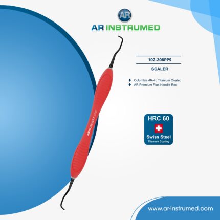 AR INSTRUMED Dentaler Columbia-Scaler, Titanbeschichtete scharfe gebogene 4R-4L Spitze, roter Silikongriff